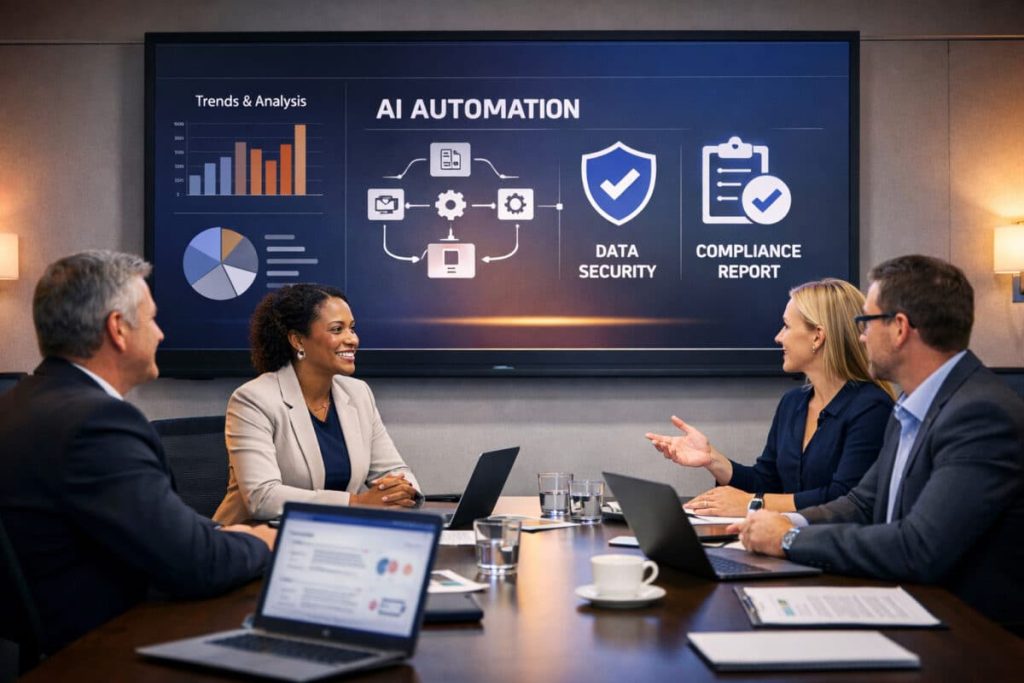 AI Regulations UK 2026: What Businesses Need to Know UK business professionals reviewing AI regulations and artificial intelligence compliance requirements in 2026