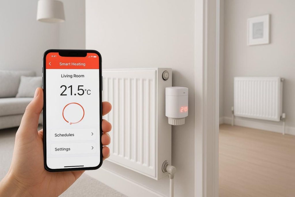Living room in a UK home with a radiator and heating thermostat - energy saving tips UK