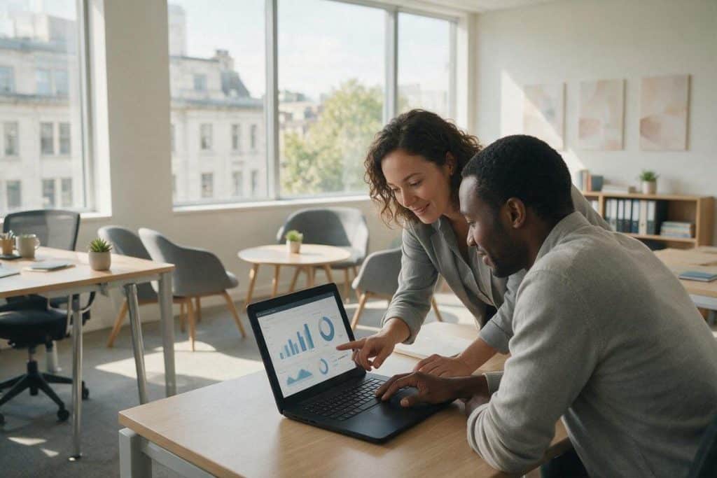 Generative Engine Optimisation: How UK Businesses Can Earn Trust in AI Search UK business professional reviewing website content and search analytics on a laptop - generative engine optimisation