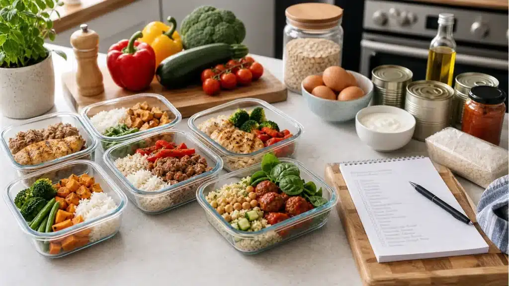 Overhead view of healthy budget meal prep containers with red lentils, oats, eggs, and fresh UK produce.
