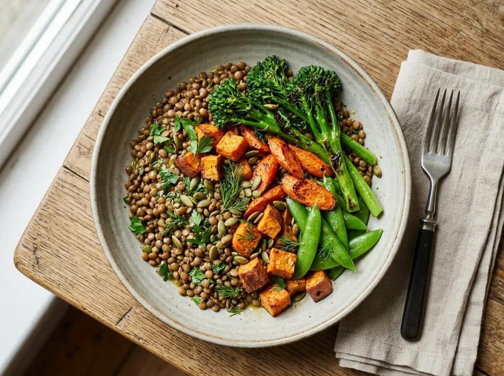 Colourful healthy meal with vegetables, grains and greens on a plate - how to make healthy food look good